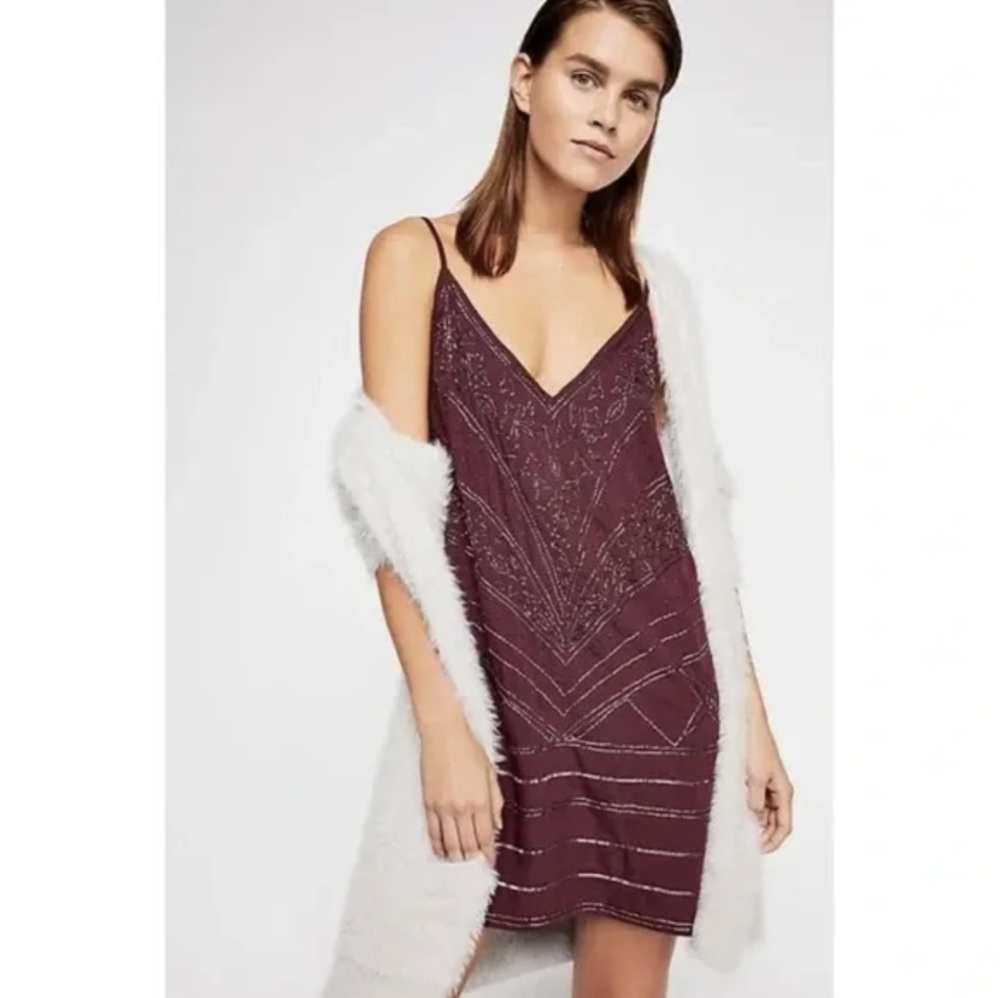 Free People Make A Move Beaded Tribal Purple Mini Dress XS